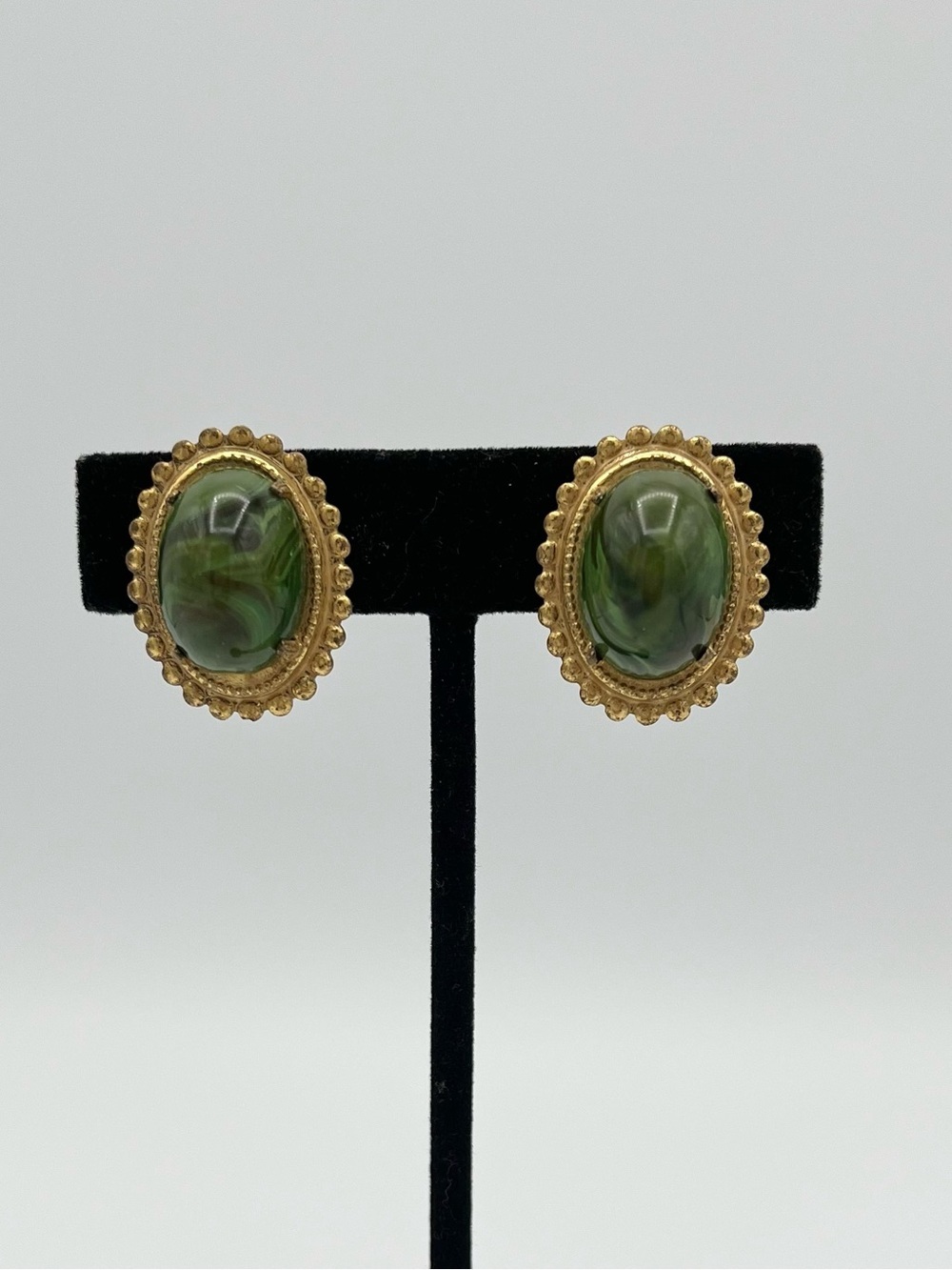 Vintage Signed Miriam Haskell 1950s Green Art Glass Clip Earrings